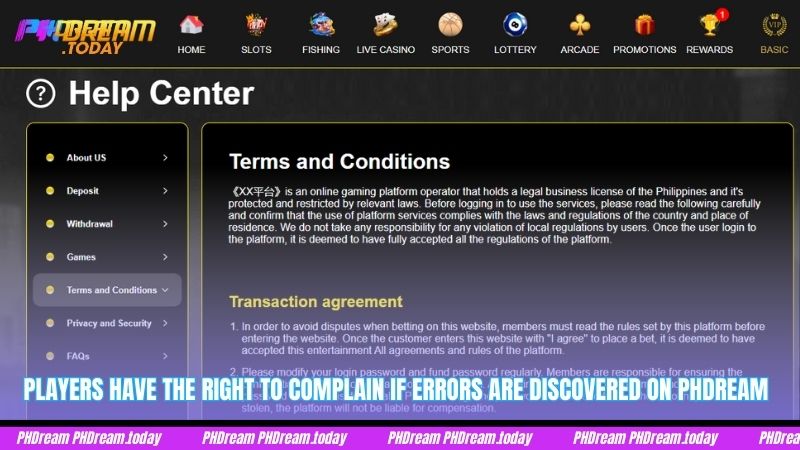 Players have the right to complain if errors are discovered on PHDream