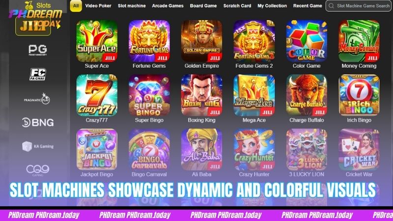 Slot machines showcase dynamic and colorful visuals